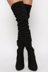Black Suede Drawstring Thigh High Boots - Frankie-Boots
