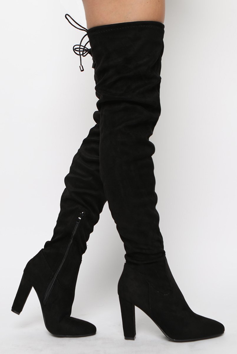 Black Suede Drawstring Thigh High Boots - Frankie-Boots
