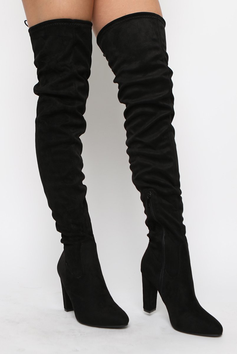 Black Suede Drawstring Thigh High Boots - Frankie-Boots