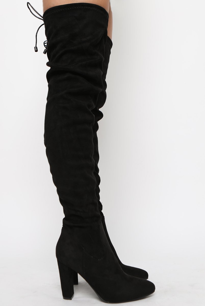 Black Suede Drawstring Thigh High Boots - Frankie-Boots