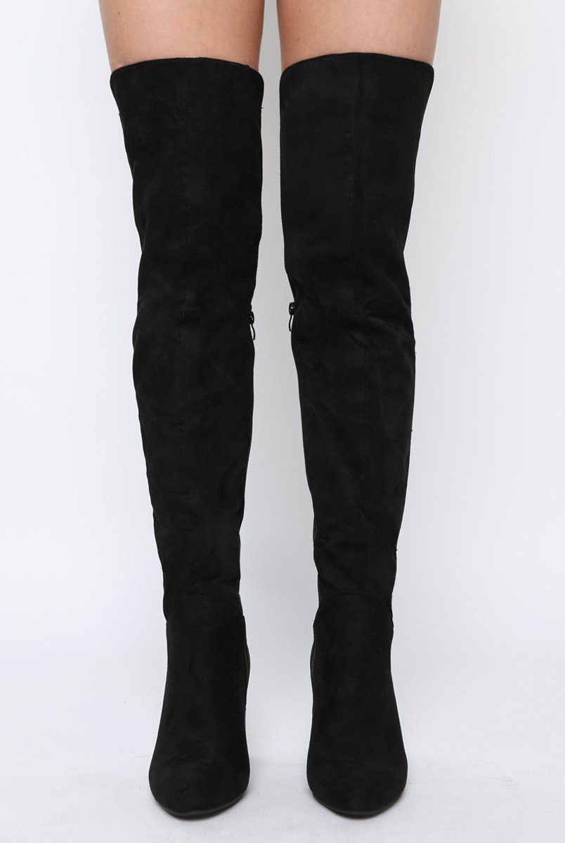 Black Suede Elasticated Panel Heeled Over The Knee Boots - Katerina-Boots