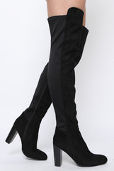 Black Suede Elasticated Panel Heeled Over The Knee Boots - Katerina-Boots