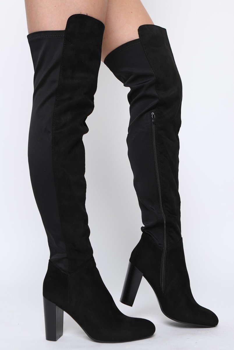 Black Suede Elasticated Panel Heeled Over The Knee Boots - Katerina-Boots
