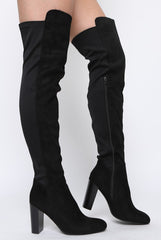Black Suede Elasticated Panel Heeled Over The Knee Boots - Katerina-Boots