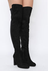 Black Suede Elasticated Panel Heeled Over The Knee Boots - Katerina-Boots
