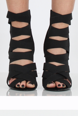 Black Suede Elasticated Strappy Heels - Heaven-Heels