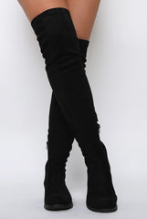 Black Suede Flat Over The Knee Boots - Charmony-Boots