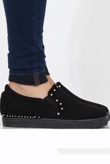 Black Suede Fringe Studded Skaters - Vivian-Shoes