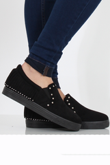 Black Suede Fringe Studded Skaters - Vivian-Shoes