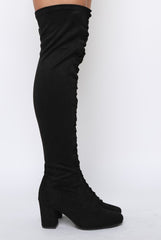 Black Suede Front Lace Up Thigh High Boots - Nikita-Boots