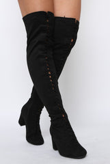 Black Suede Front Lace Up Thigh High Boots - Nikita-Boots