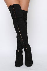 Black Suede Front Lace Up Thigh High Boots - Nikita-Boots