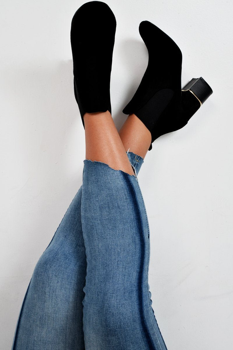 Black Suede Gold Detail Heeled Ankle Boots - Annison-Boots