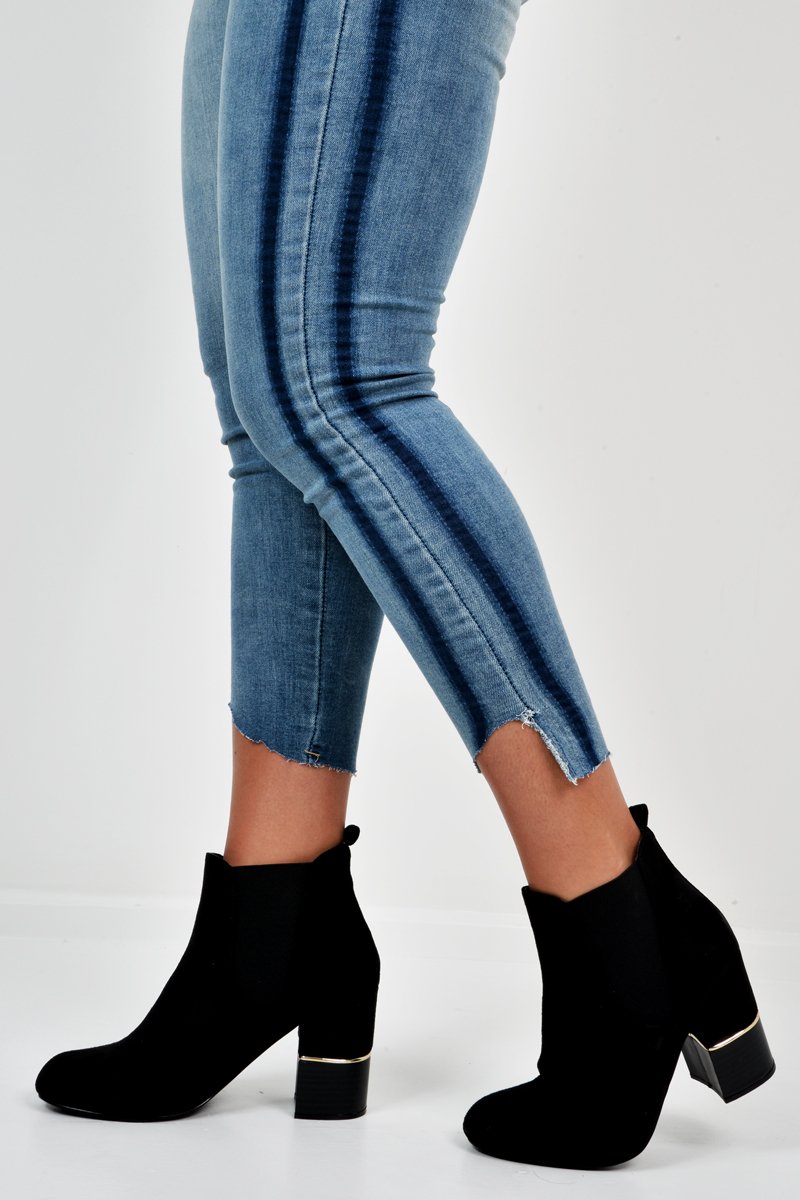 Black Suede Gold Detail Heeled Ankle Boots - Annison-Boots