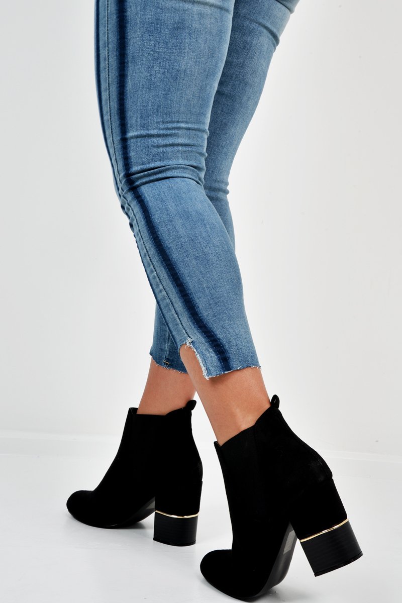 Black Suede Gold Detail Heeled Ankle Boots - Annison-Boots