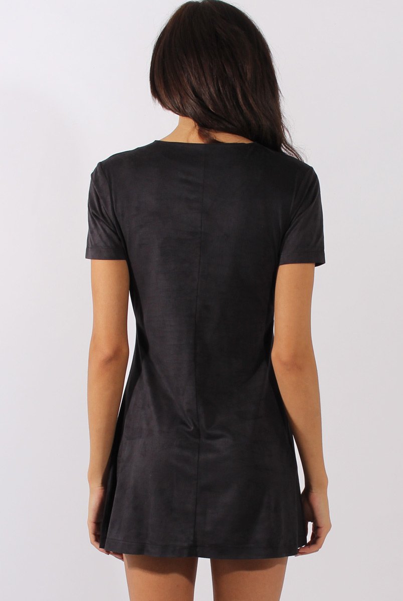 Black Suede Lace Up Eyelet Skater Dress - Desire-Dresses