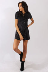 Black Suede Lace Up Eyelet Skater Dress - Desire-Dresses