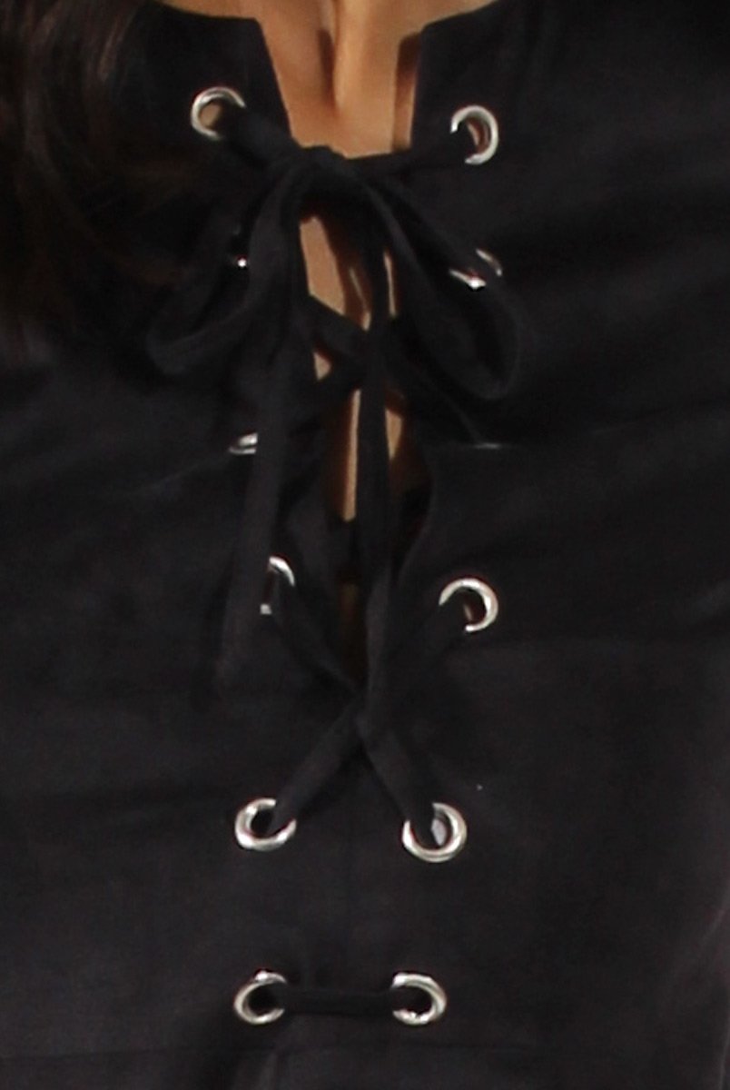 Black Suede Lace Up Eyelet Skater Dress - Desire-Dresses