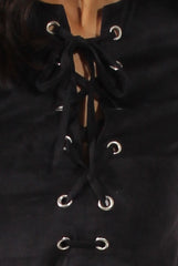 Black Suede Lace Up Eyelet Skater Dress - Desire-Dresses