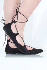 Black Suede Lace Up Flats - Nina-Shoes