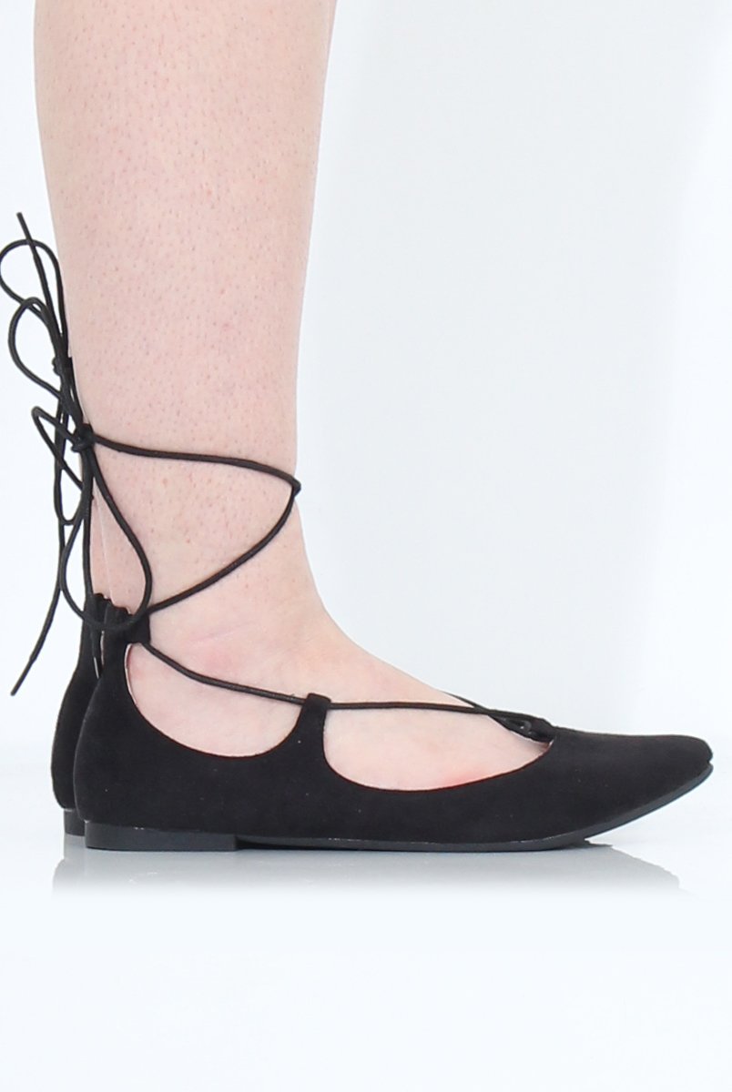 Black Suede Lace Up Flats - Nina-Shoes