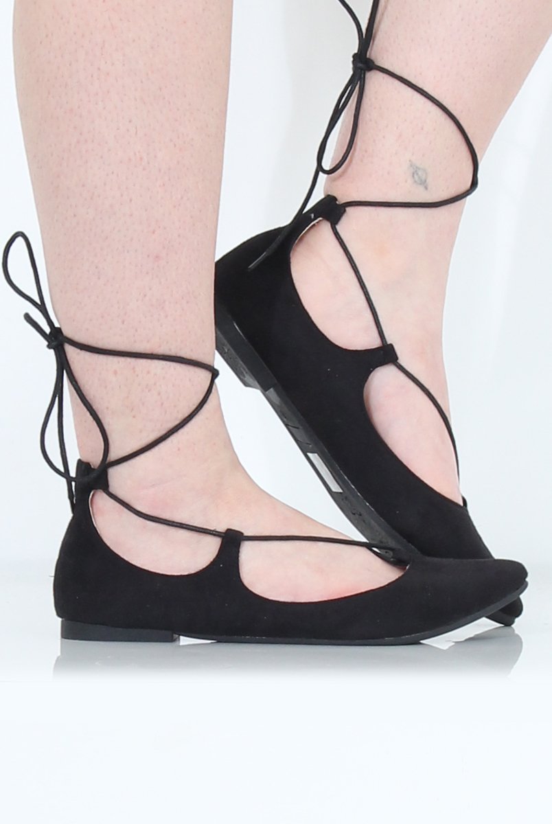 Black Suede Lace Up Flats - Nina-Shoes