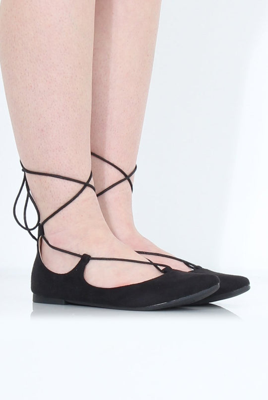 Black Suede Lace Up Flats - Nina