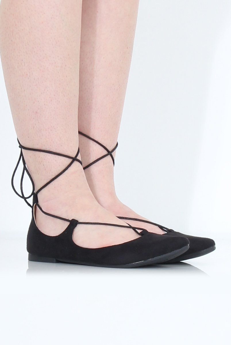 Black Suede Lace Up Flats - Nina-Shoes