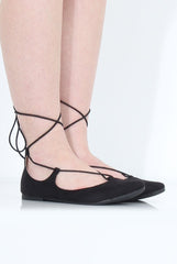 Black Suede Lace Up Flats - Nina-Shoes