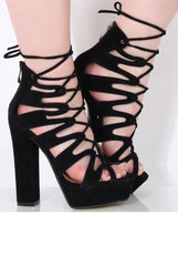 Black Suede Lace Up Platform Heels - Katrina-Heels