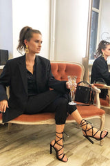 Black Suede Lace Up Thin Block Heels - Tiffie-Heels