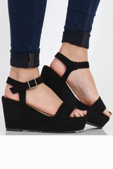 Black Suede Open Toe Wedge Sandals - Kennie-Sandals