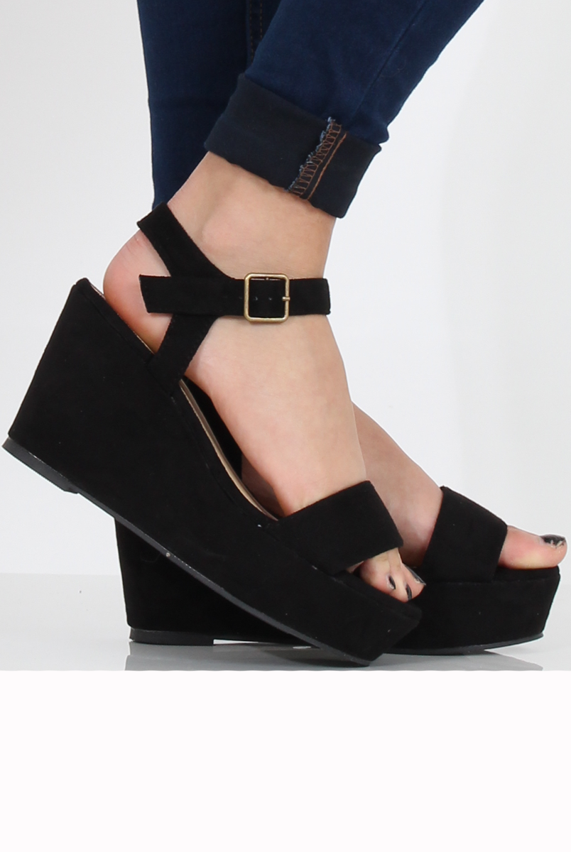 Black Suede Open Toe Wedge Sandals - Kennie-Sandals