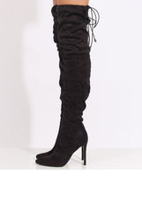 Black Suede Over the Knee Drawstring Stiletto Boots - Avery-Boots