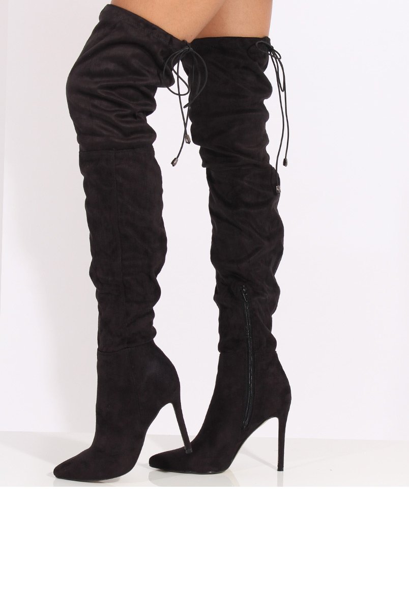 Black Suede Over the Knee Drawstring Stiletto Boots - Avery-Boots