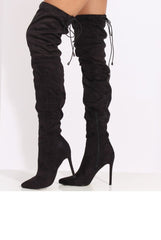 Black Suede Over the Knee Drawstring Stiletto Boots - Avery-Boots