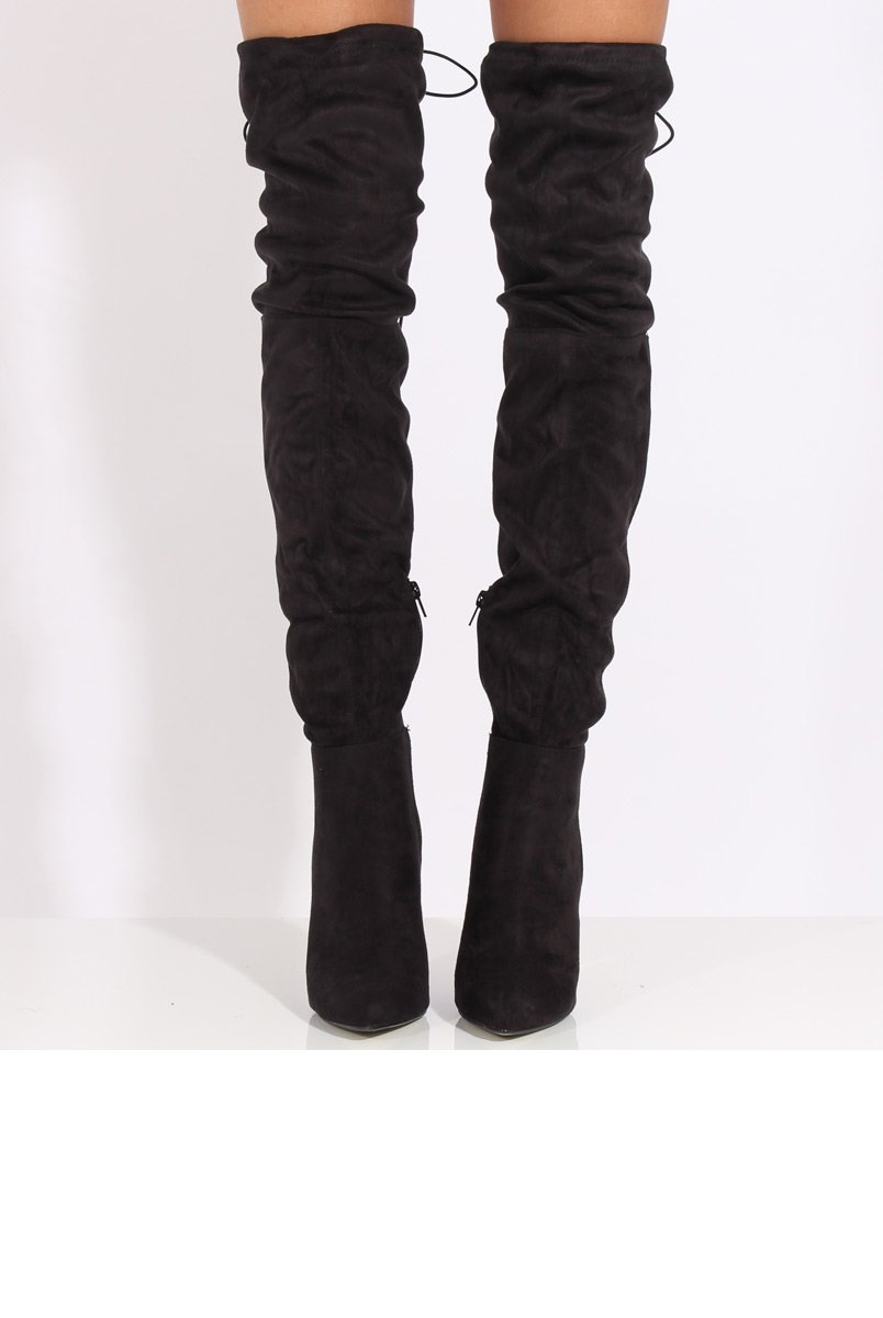 Black Suede Over the Knee Drawstring Stiletto Boots - Avery-Boots
