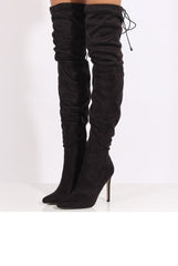 Black Suede Over the Knee Drawstring Stiletto Boots - Avery-Boots