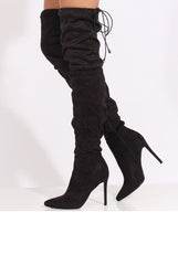 Black Suede Over the Knee Drawstring Stiletto Boots - Avery-Boots