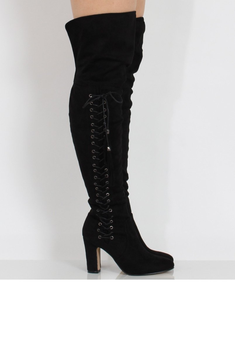 Black Suede Over the Knee Lace Up Detail Boots - Alora-Boots