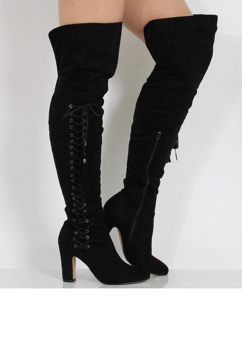 Black Suede Over the Knee Lace Up Detail Boots - Alora-Boots