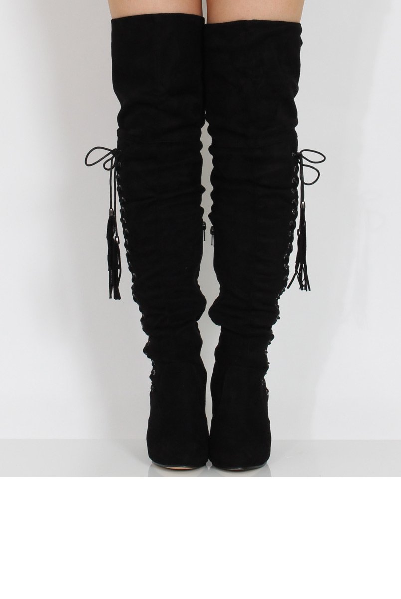 Black Suede Over the Knee Lace Up Detail Boots - Alora-Boots