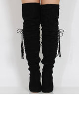 Black Suede Over the Knee Lace Up Detail Boots - Alora-Boots