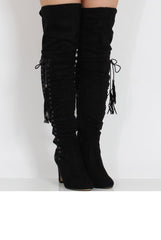 Black Suede Over the Knee Lace Up Detail Boots - Alora-Boots