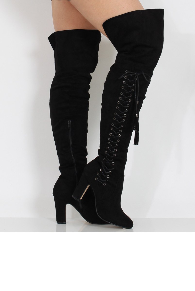 Black Suede Over the Knee Lace Up Detail Boots - Alora-Boots