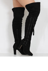 Black Suede Over the Knee Lace Up Detail Boots - Alora-Boots