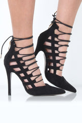 Black Suede Pointed Toe Tie Up Heels - Michelle-Heels