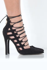 Black Suede Pointed Toe Tie Up Heels - Michelle-Heels