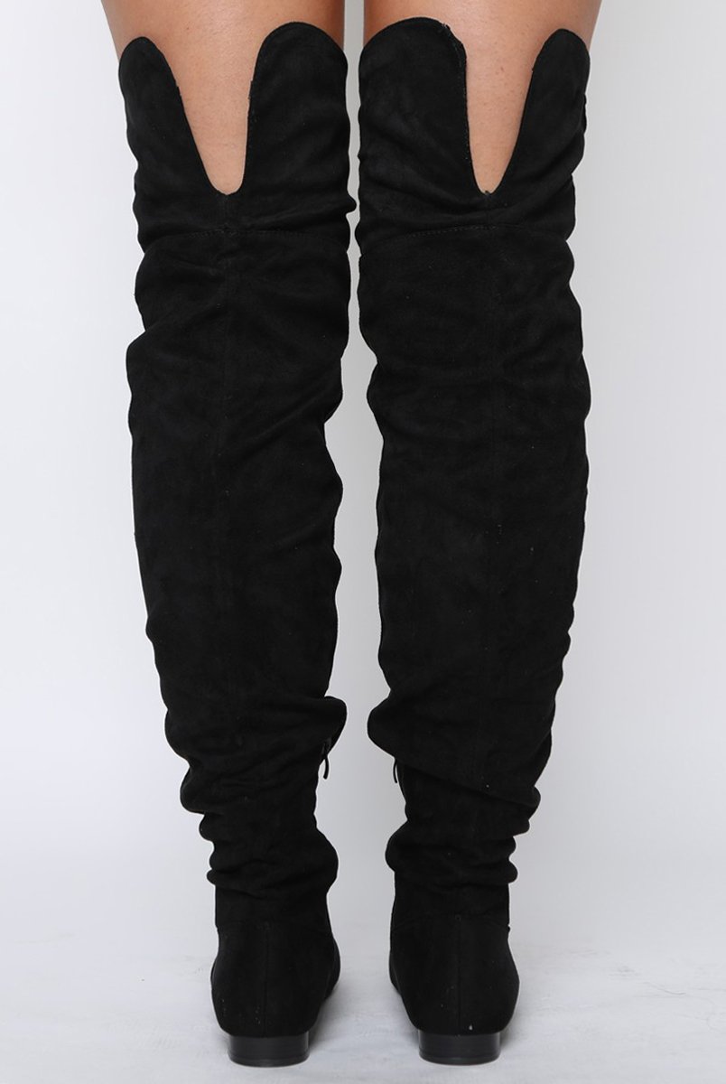 Black Suede Split Back Flat Over The Knee Boots - Cersei-Boots