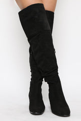 Black Suede Split Back Heeled Knee High Boots - Reyna-Boots